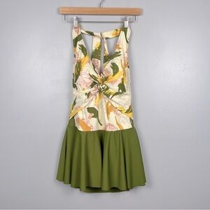 Jaclyn Smith olive green & yellow tropical 1 pc.modest skirted swimsuit, 12.